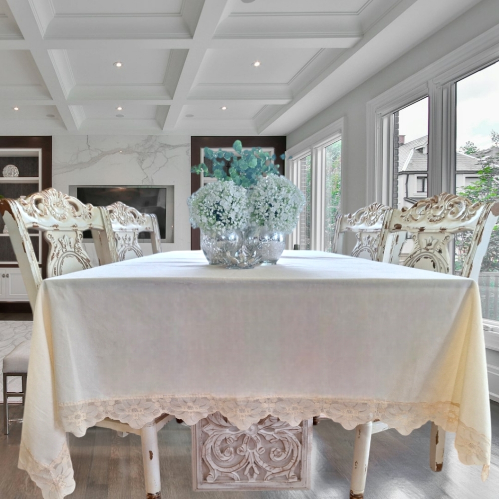1920's Handmade Tablecloth with Lace Trim, Antique Tablecloth